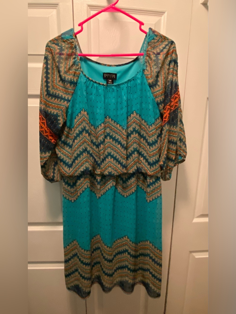 ENFOCUS Teal, Orange, Tan, Blue Boho peasant-style Geometric Chevron  Dress 14W